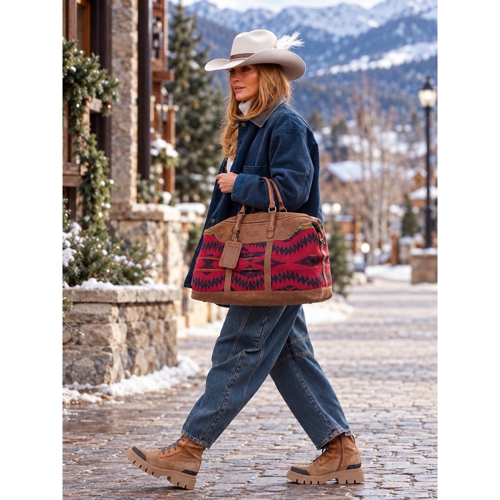 Pendleton Southwestern Wool & Leather Weekender Duffel Bag Red Black $298